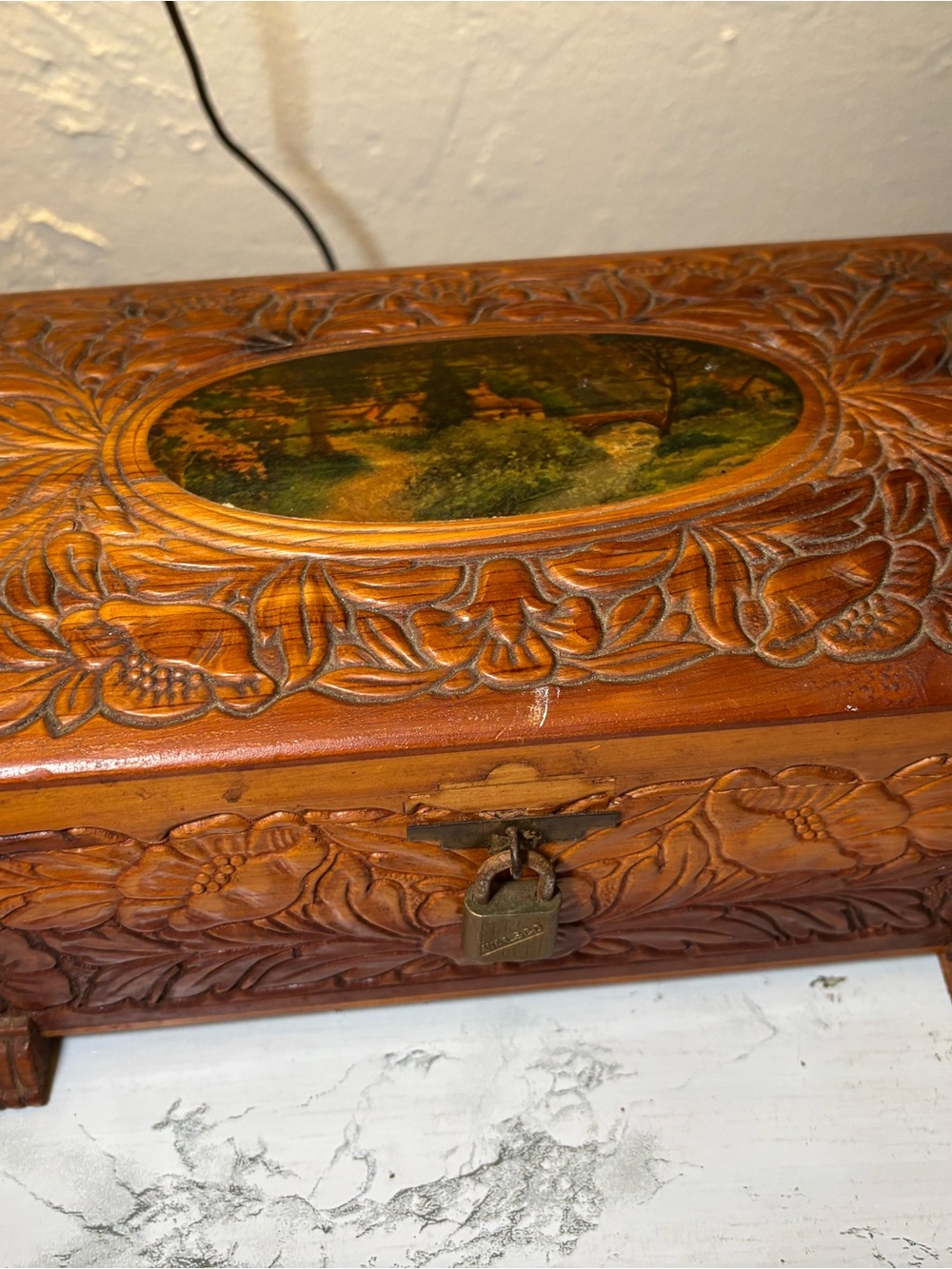 Hand-Carved Wooden Decorative Jewelry Box with Lock - Brown